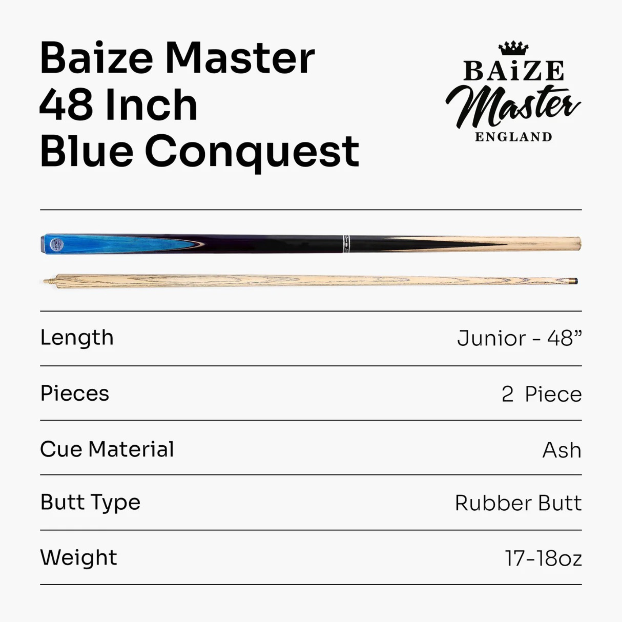 Baize Master Conquest Junior Kids Snooker Pool Cue - 48inch - 2 Piece