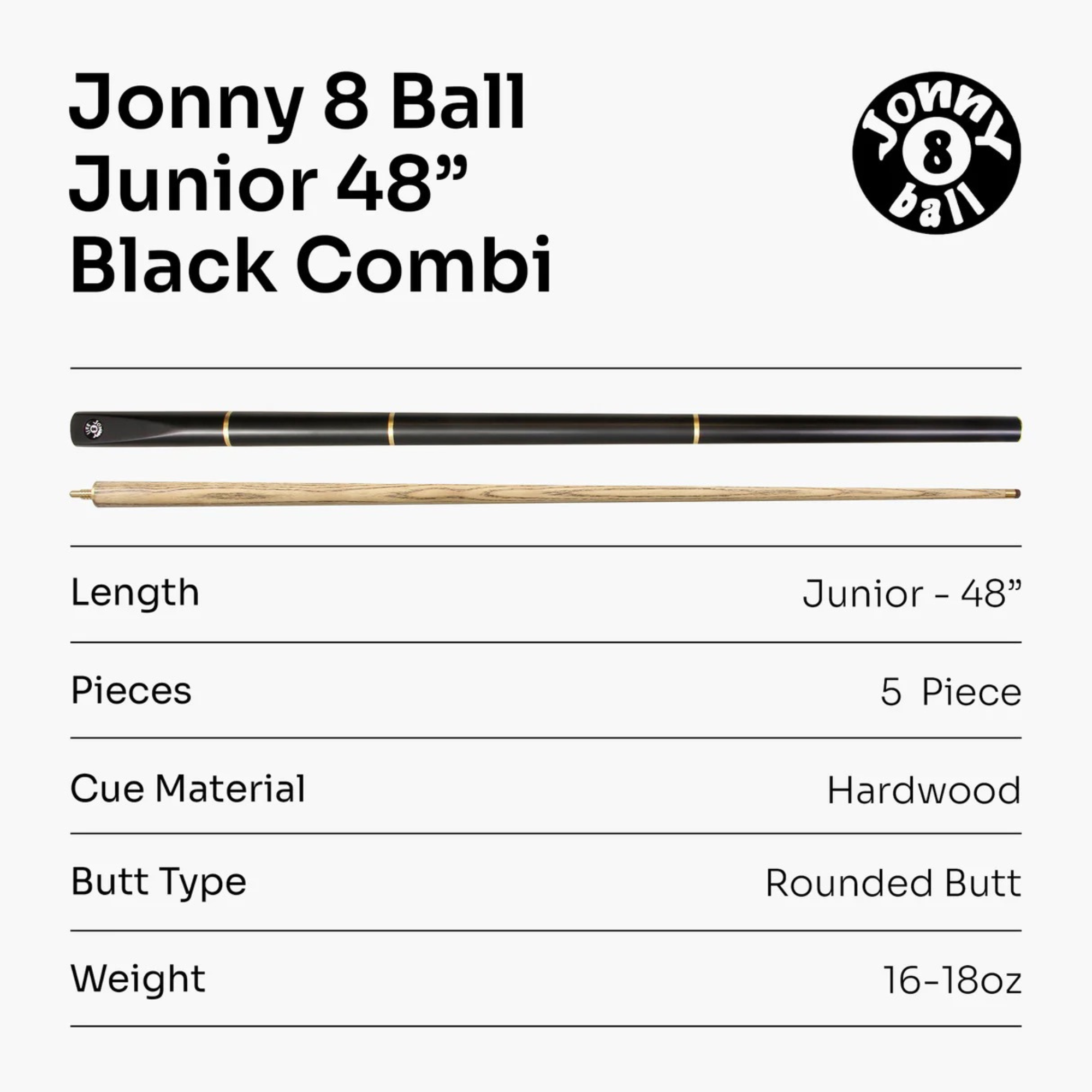 Jonny 8 Ball Junior COMBI Adjustable 5 Piece Ash Snooker Pool Cue - 48inch
