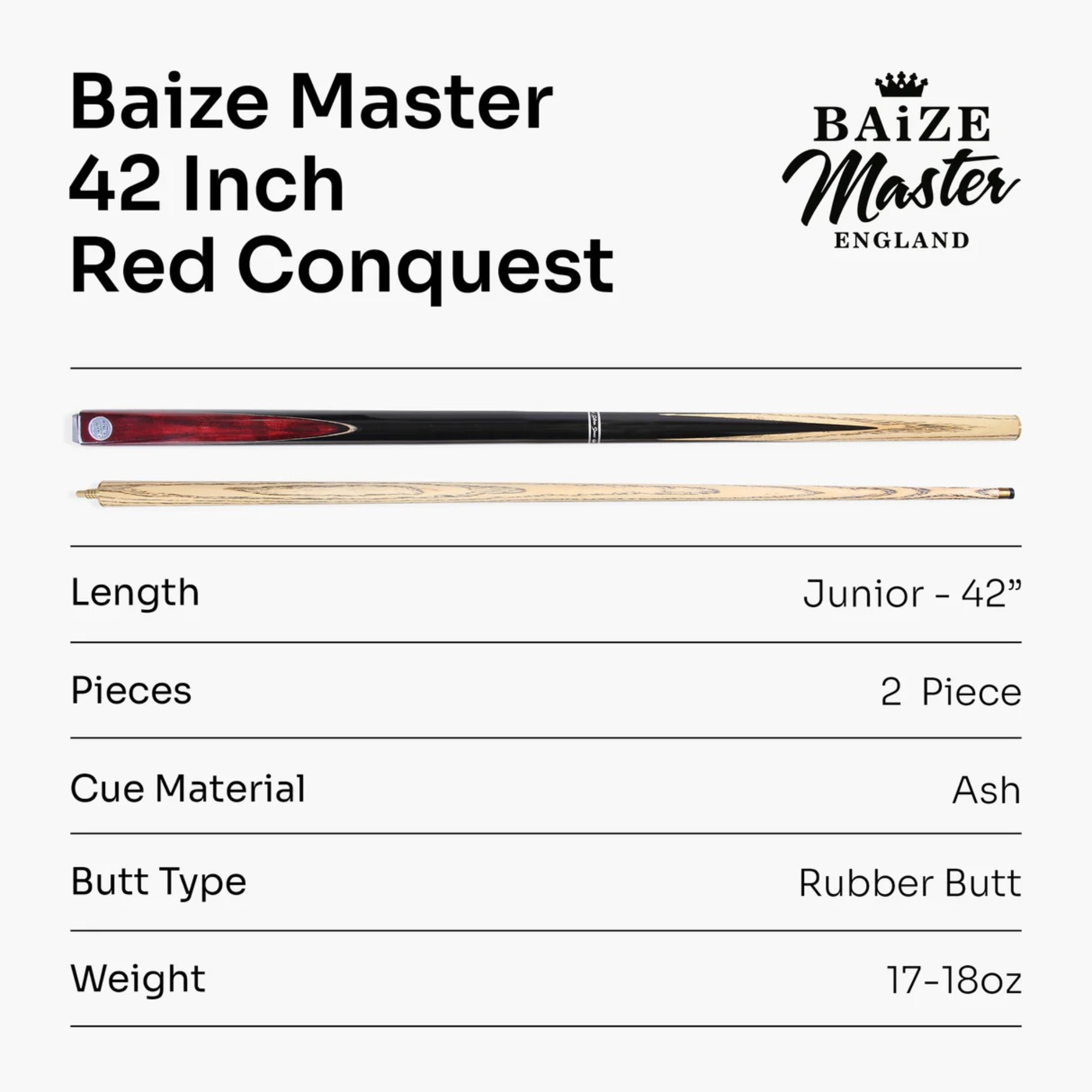Baize Master Conquest Junior Kids Snooker Pool Cue - 42inch - 2 Piece