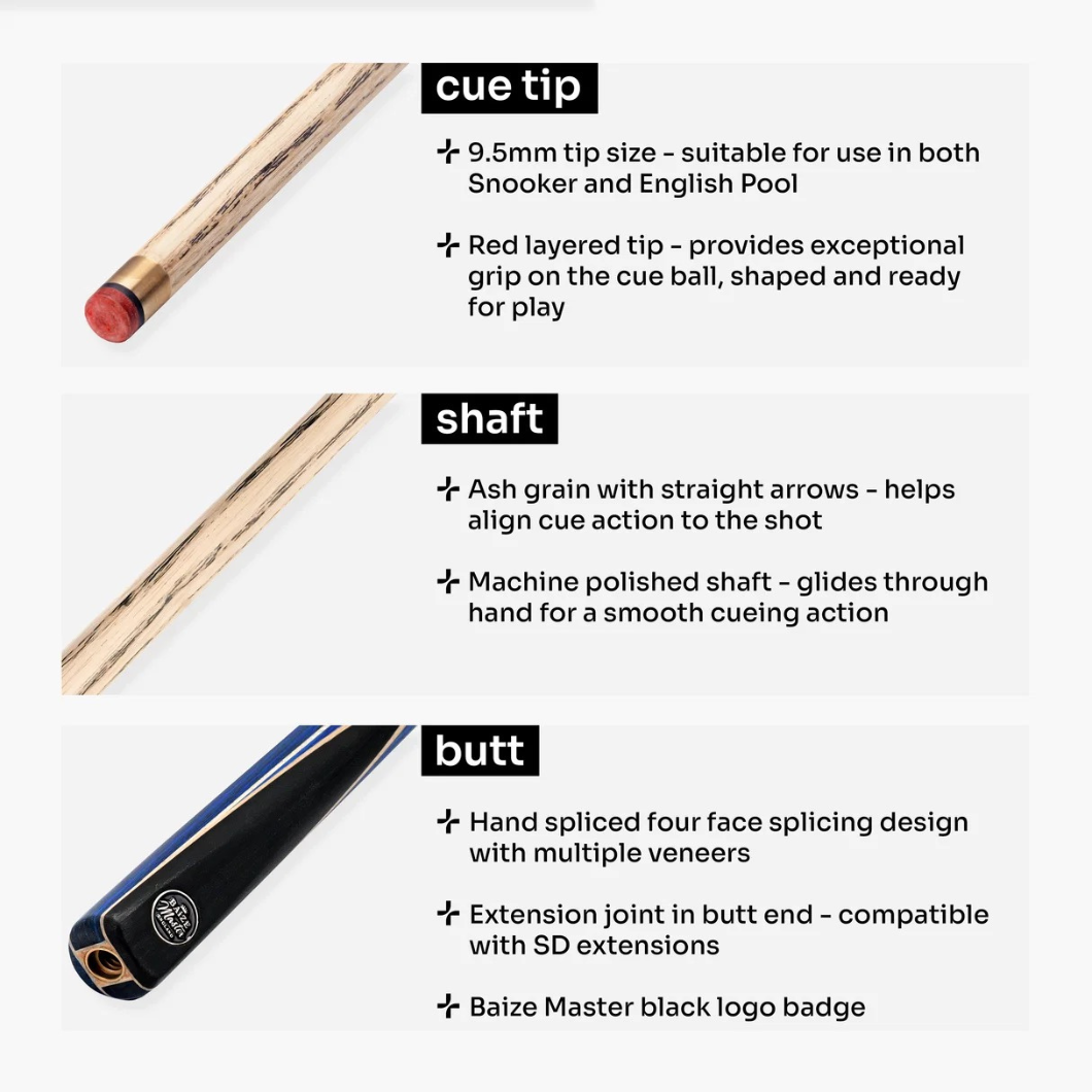 Baize Master 3/4 CRUCIBLE Hand Spliced 57 Inch Ash Snooker Pool Cue - 9.5mm Tip + Mini Butt Extension