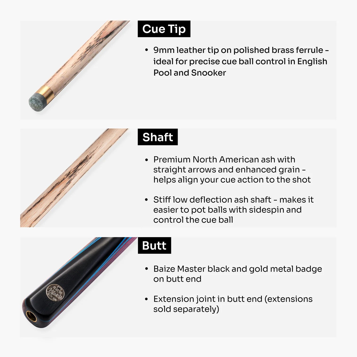 Baize Master 52" Junior Marksman - 3/4 Snooker Pool Cue - 9mm Tip