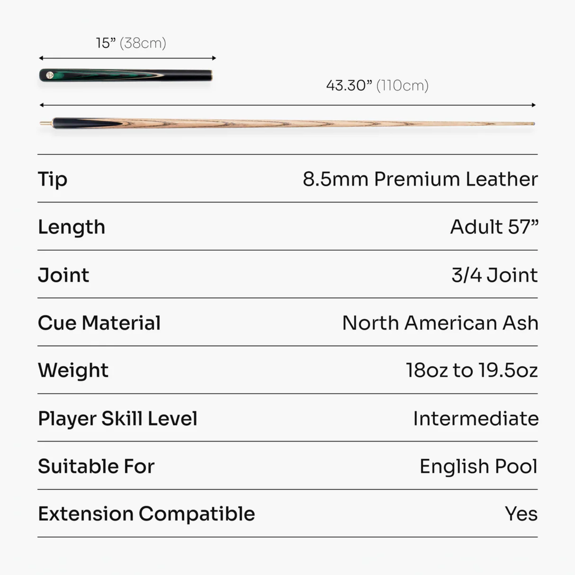 Baize Master Green Marksman ¾ Joint English Pool Cue with 8.5mm Baize Master Blue Pressed Tip