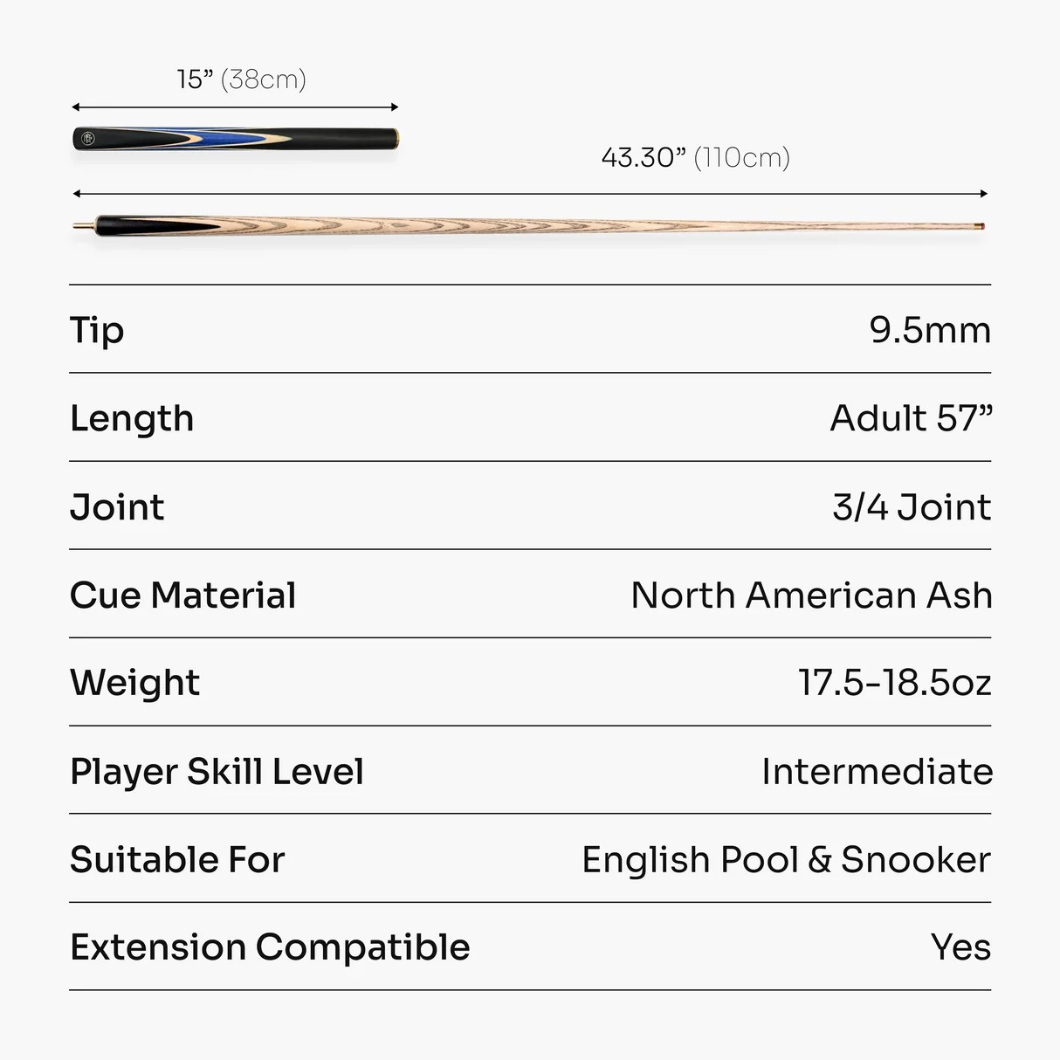 Baize Master 3/4 CRUCIBLE Hand Spliced 57 Inch Ash Snooker Pool Cue - 9.5mm Tip + Mini Butt Extension
