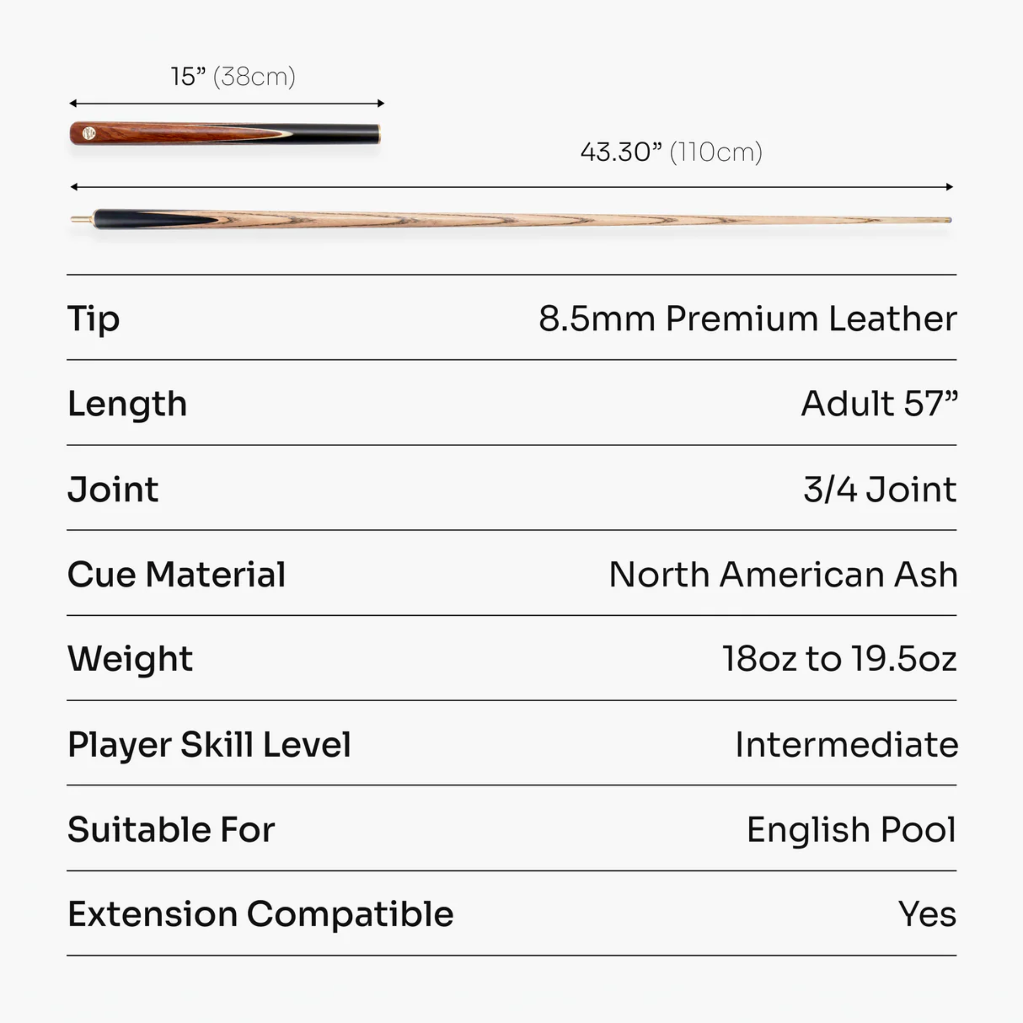 Baize Master Ember Marksman ¾ Joint English Pool Cue with 8.5mm Baize Master Blue Pressed Tip