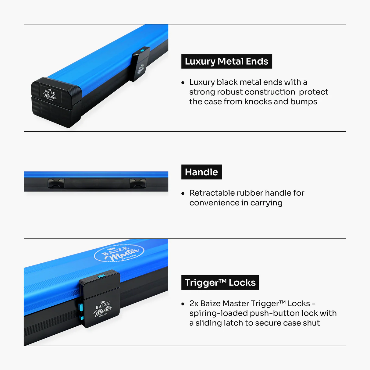 Baize Master Fusion ¾ 2 Slot Luxury Aluminium Snooker and Pool Cue Case with Trigger™ Lock – Holds 1 x ¾ Joint Cue + Extensions