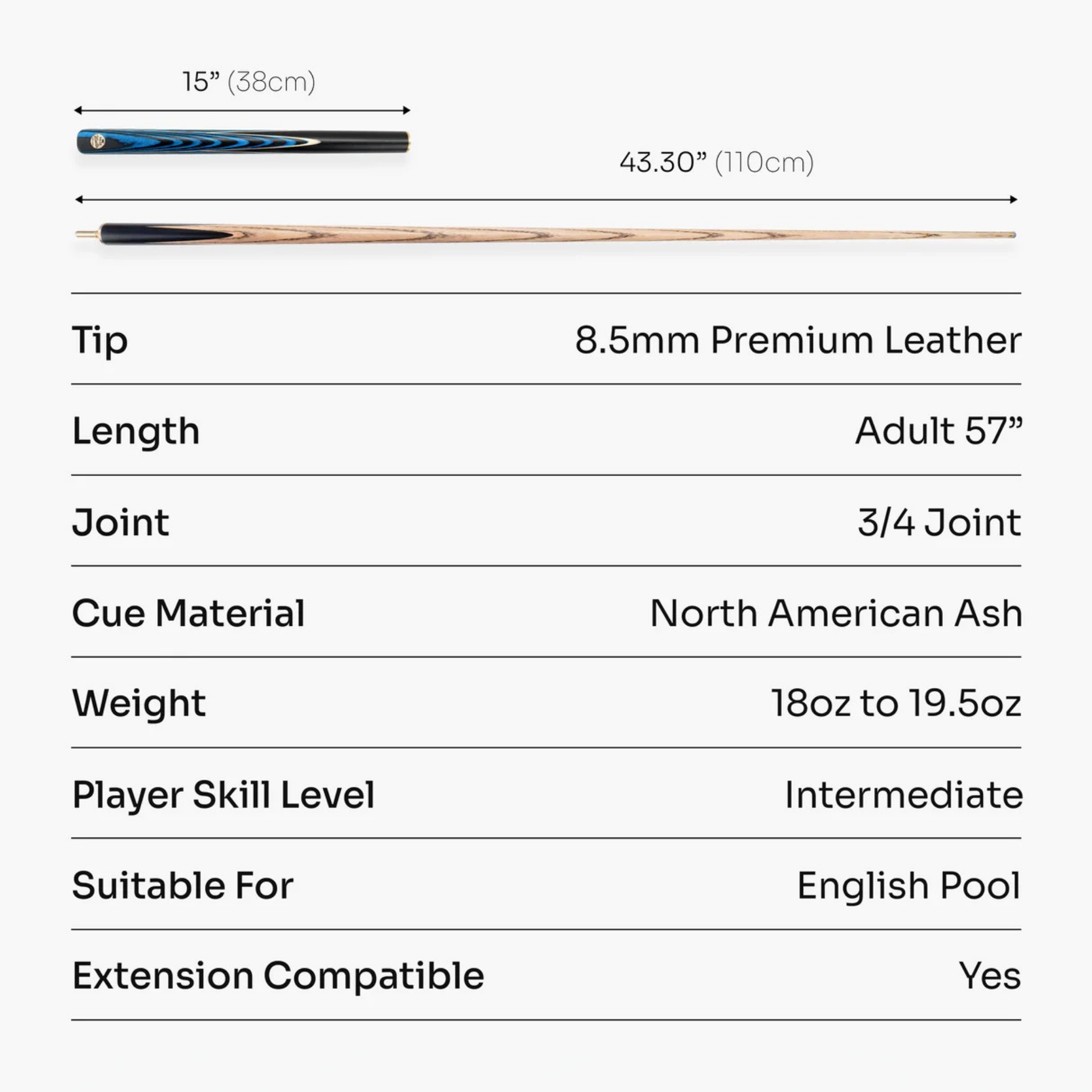 Baize Master Azure Marksman ¾ Joint English Pool Cue with 8.5mm Baize Master Blue Pressed Tip