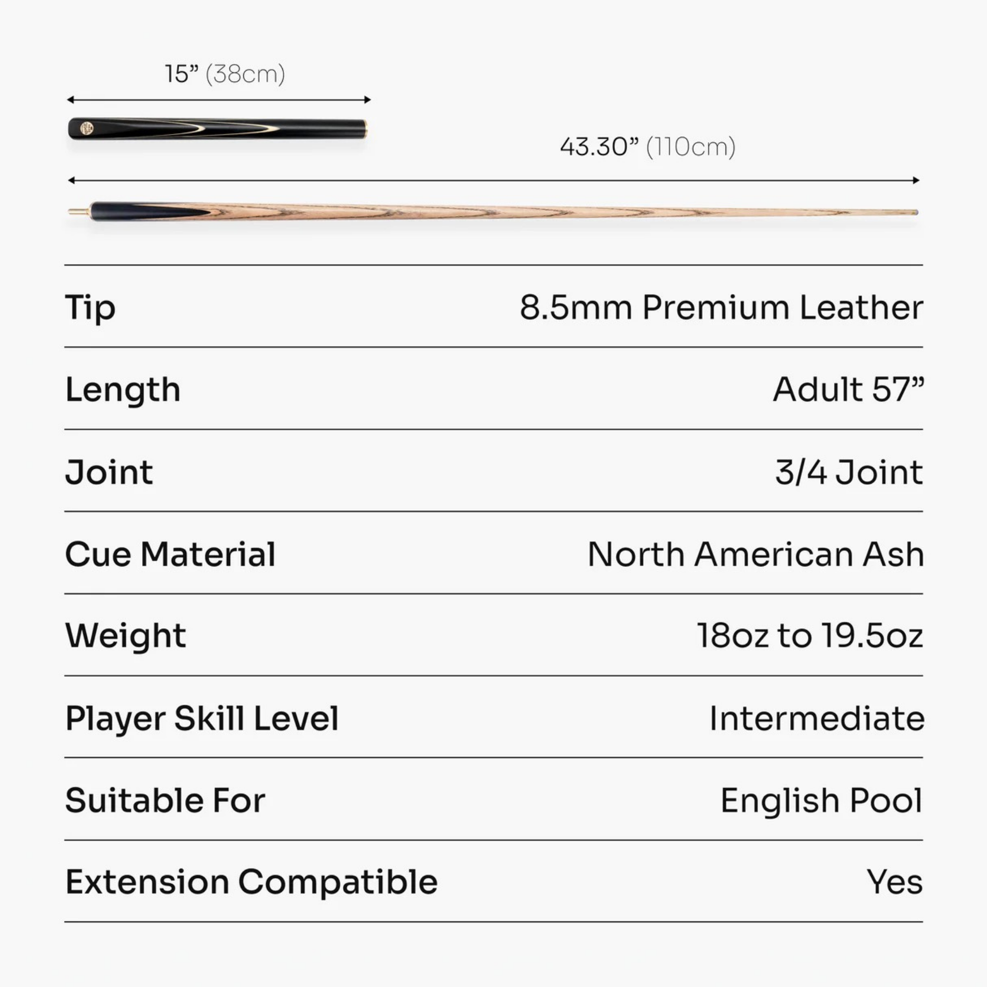 Baize Master Black Marksman ¾ Joint English Pool Cue with 8.5mm Baize Master Blue Pressed Tip (Copy)