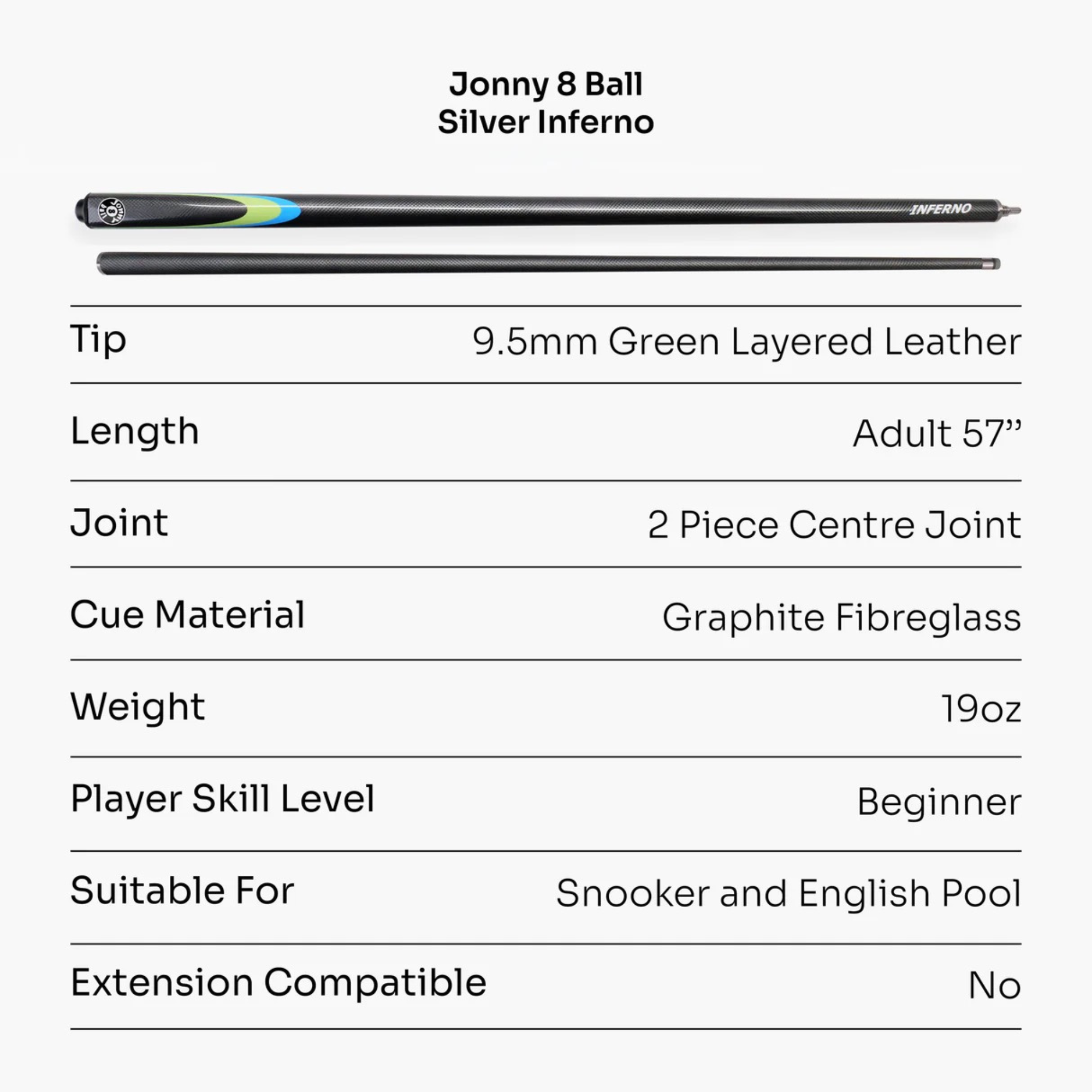 Jonny 8 Ball INFERNO - 57" 2 Piece Graphite Snooker Pool Cue - 9.5mm Tip