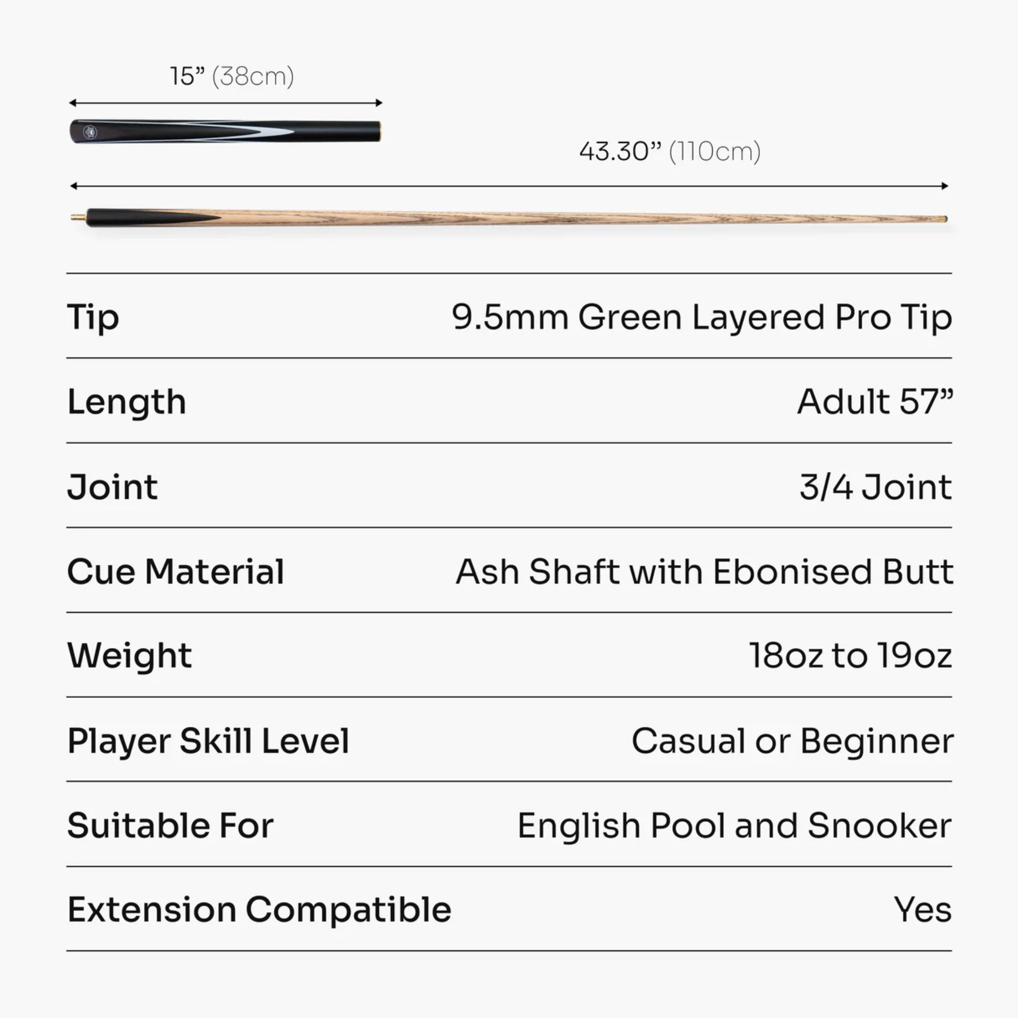 PRO147 Black & White Striker 57 inch 3/4 Snooker Pool Cue - 9.5mm Tip