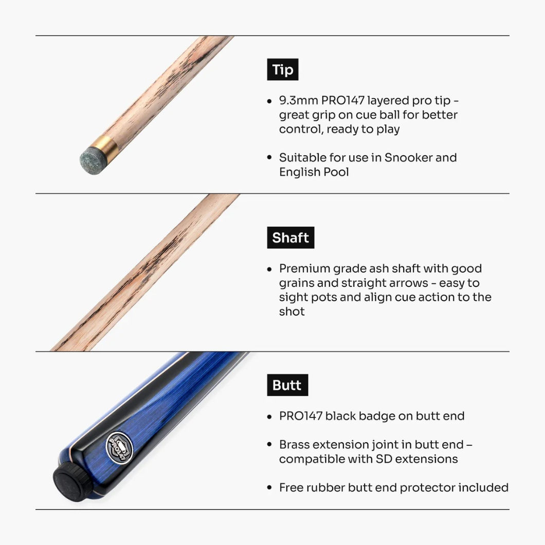 PRO147 Jester 3/4 Jointed Snooker Pool Cue - 57 inch - 9.5mm Pro Tip