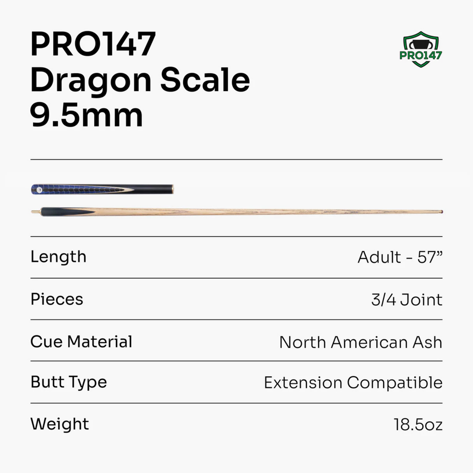 PRO147 Dragon Scale ¾ Joint Premium Ash Snooker and Pool Cue and Case Set - 9.5mm Professional Layered Tip - 57"