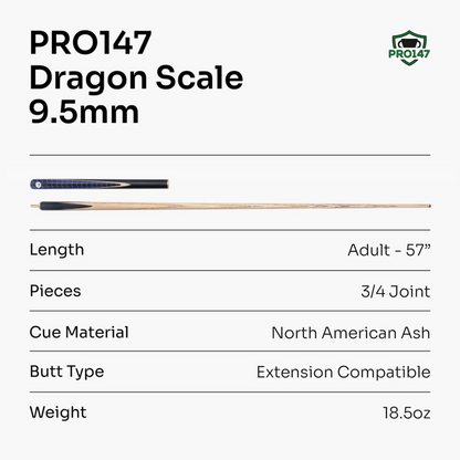 PRO147 Dragon Scale ¾ Joint Premium Ash Snooker and Pool Cue and Case Set - 9.5mm Professional Layered Tip - 57"