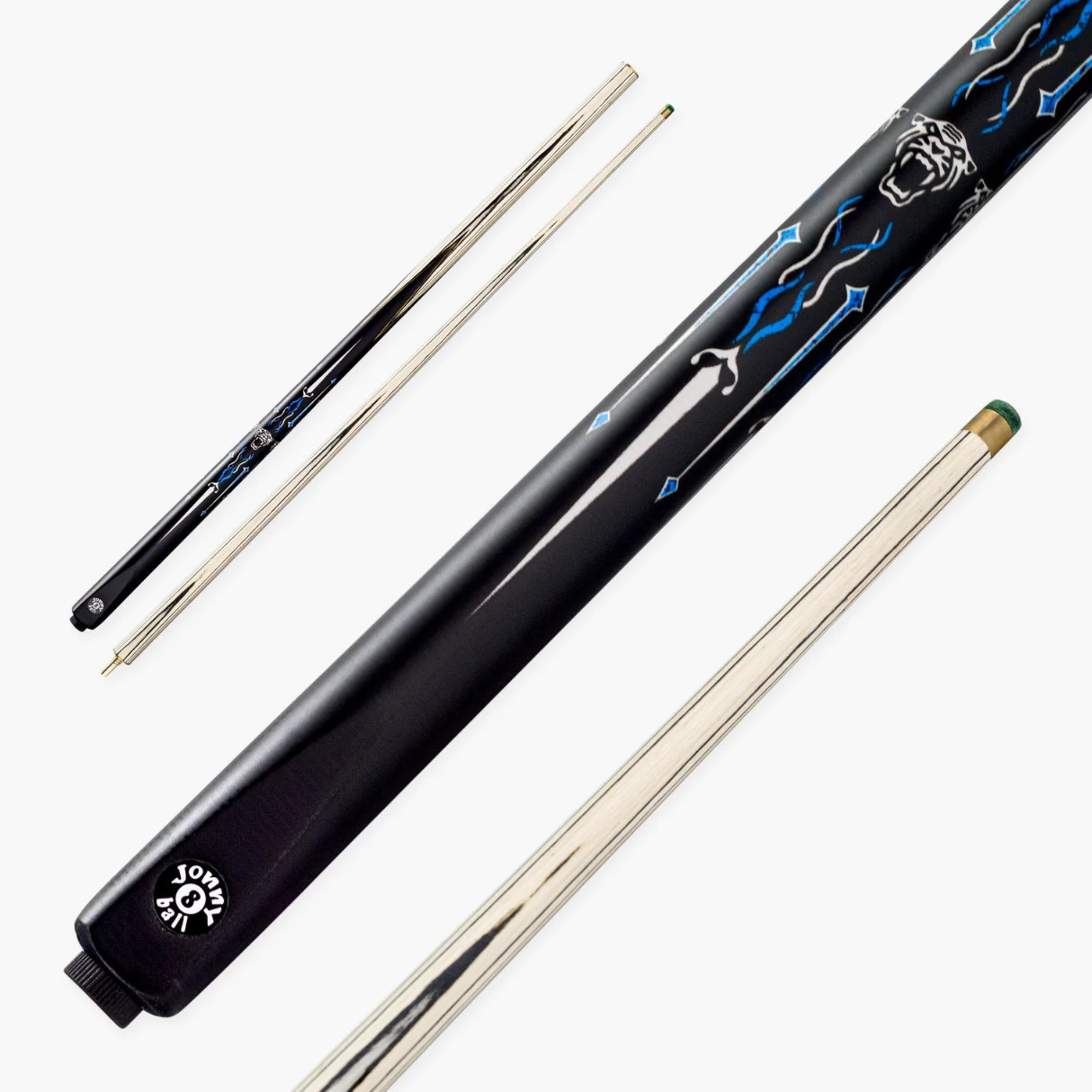 Jonny 8 Ball Panther UV Printed 2-Piece Cue – 9.5mm Green Layered Tip