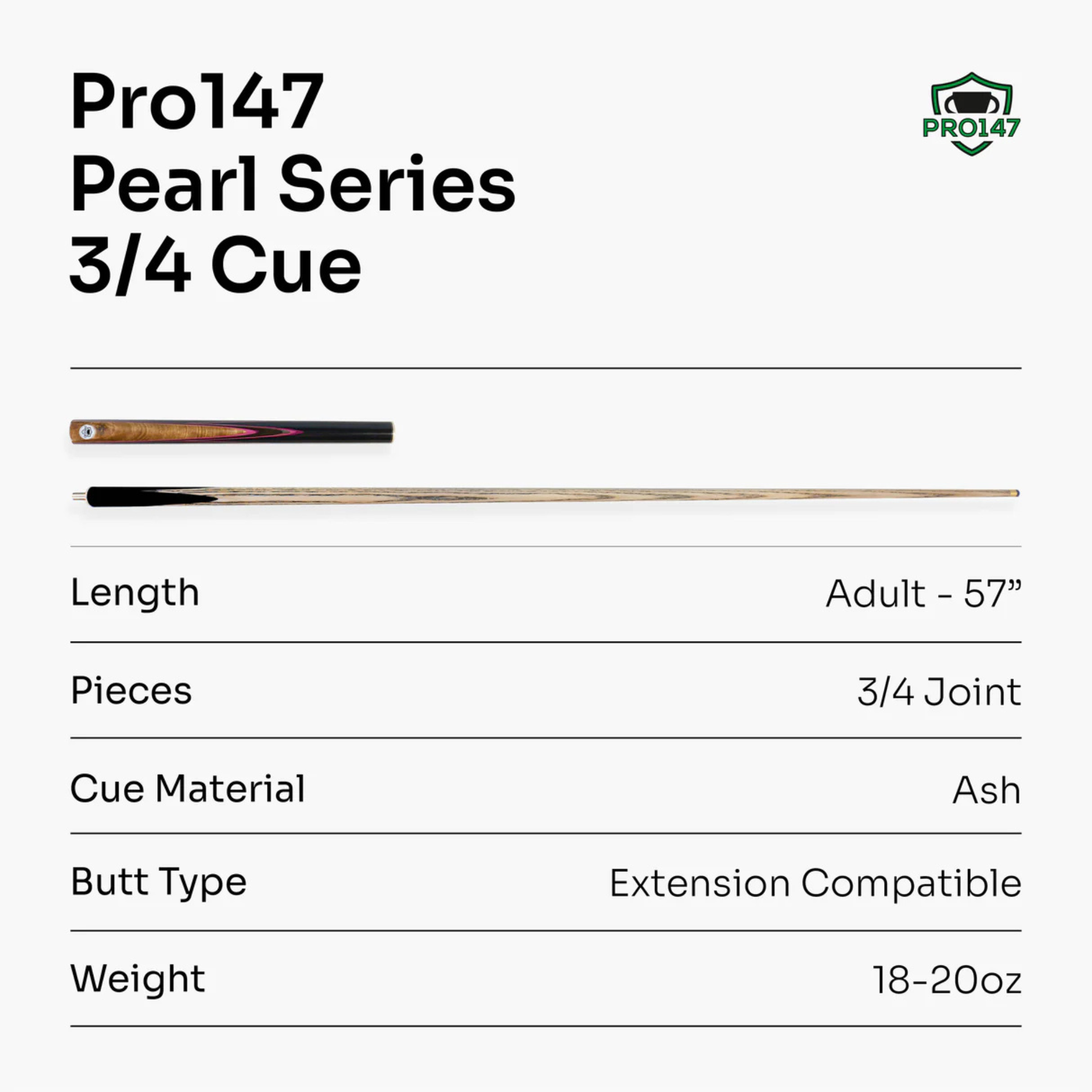 PRO147 Pearl Series Pink Burl - 57 Inch 3/4 Jointed Snooker Pool Cue - 9.5mm Tip