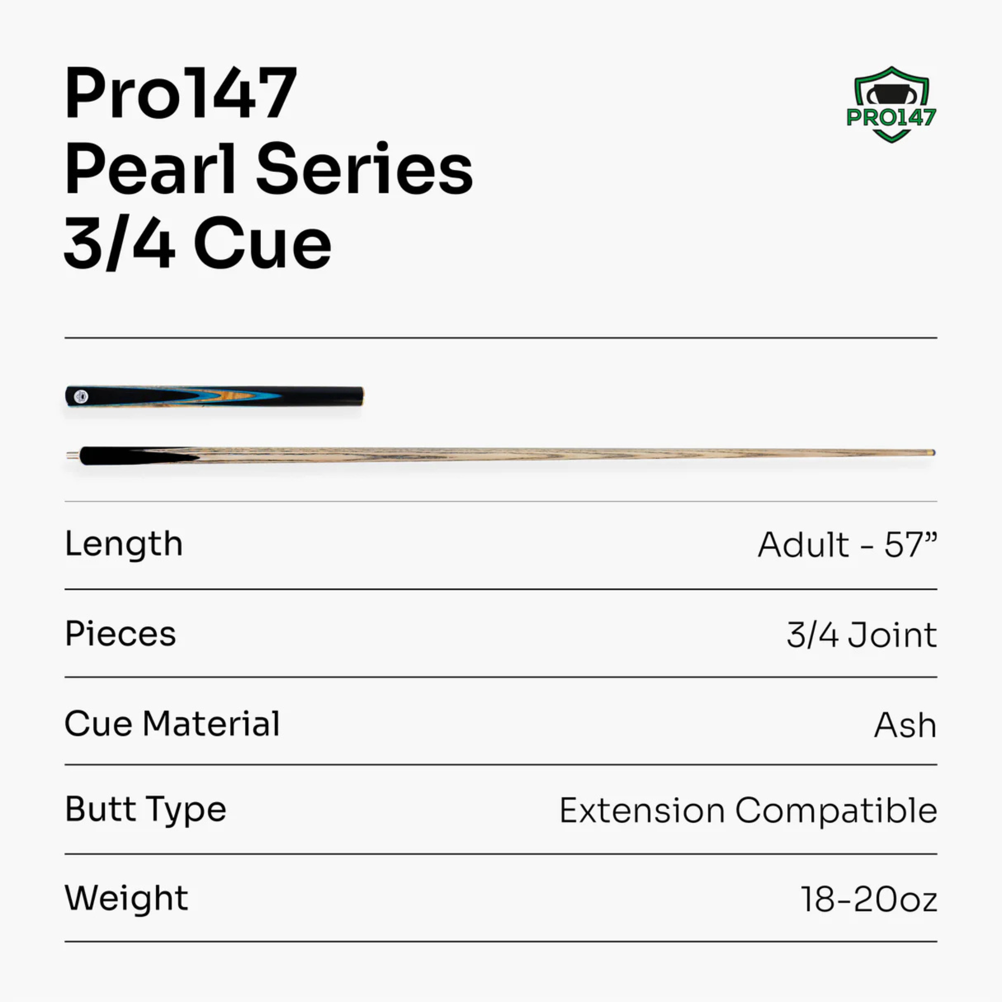 PRO147 Pearl Series Blue - 57 Inch 3/4 Jointed Snooker Pool Cue - 9.5mm Tip