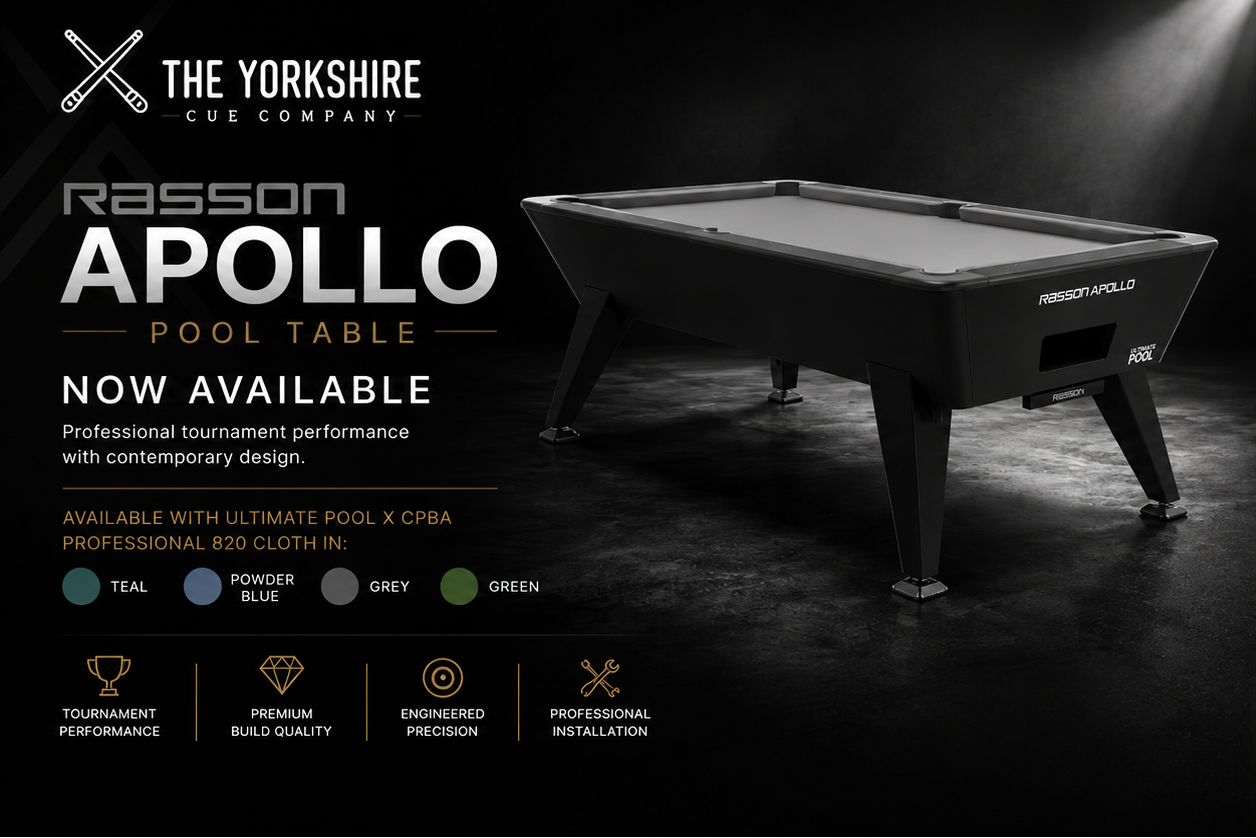 Promotional graphic for the Yorkshire Cue Company's Rasson Apollo pool table, showing two dark green professional pool tables on a black background with text detailing features and available colors.1621243260e1af0c20-2