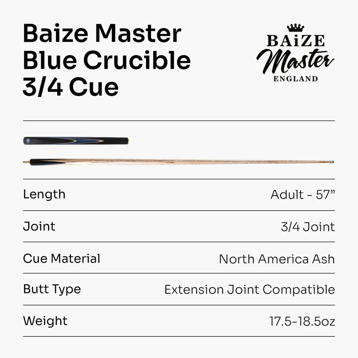 Baize Master 3/4 CRUCIBLE Hand Spliced Snooker Pool Cue - 6 Colours