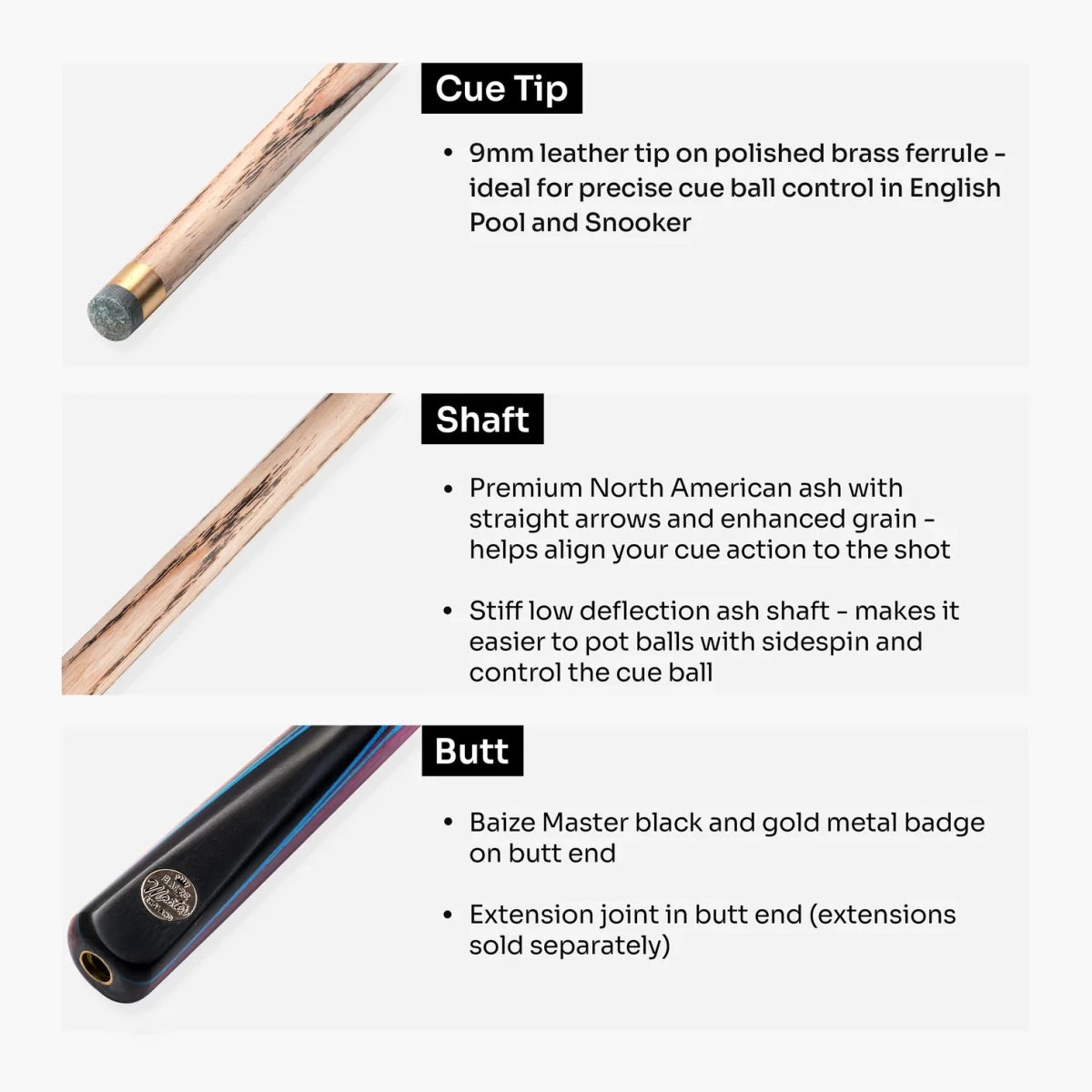 Baize Master 52" Junior Marksman - 3/4 Snooker Pool Cue - 9mm Tip