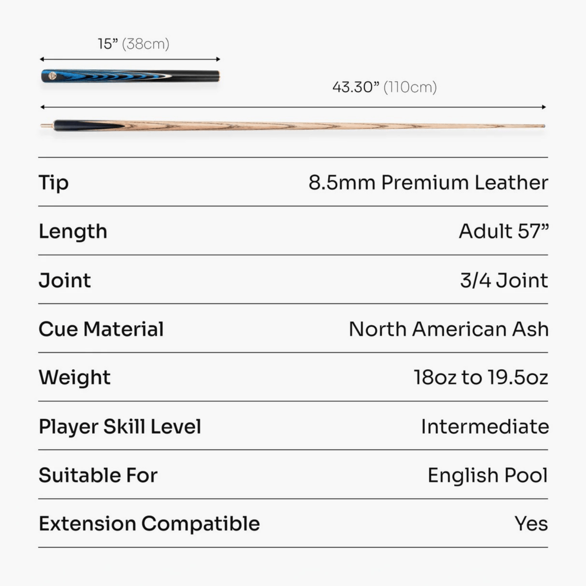 Baize Master Azure Marksman ¾ Joint English Pool Cue and Case Set with 8.5mm Baize Master Blue Pressed Tip