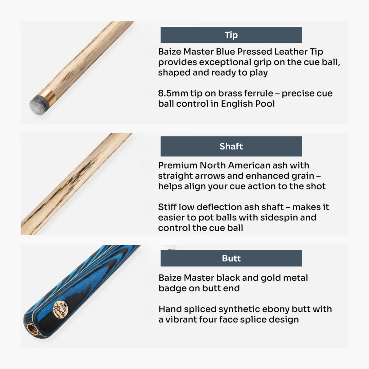 Baize Master Azure Marksman ¾ Joint English Pool Cue with 8.5mm Baize Master Blue Pressed Tip
