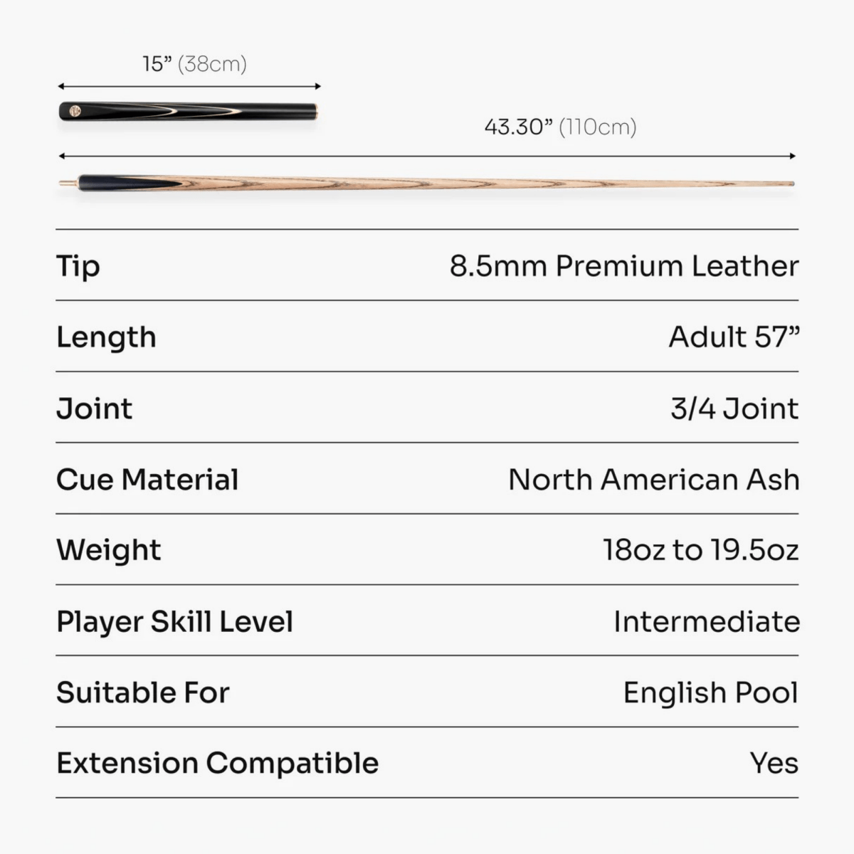 Baize Master Black Marksman ¾ Joint English Pool Cue and Case Set with 8.5mm Baize Master Blue Pressed Tip