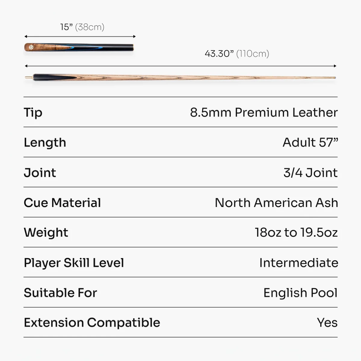 Baize Master Blue Marksman ¾ Joint English Pool Cue with 8.5mm Baize Master Blue Pressed Tip (Copy)
