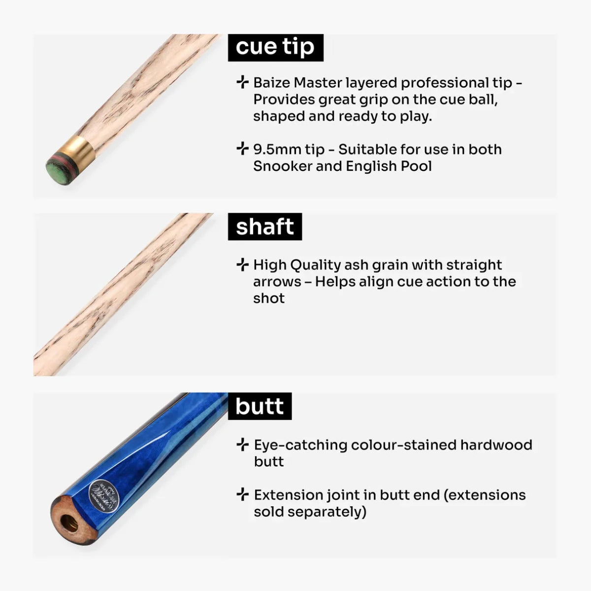 Baize Master Conquest 2 - 57inch Snooker Pool Cue - 2 Piece - 9.5mm Tip