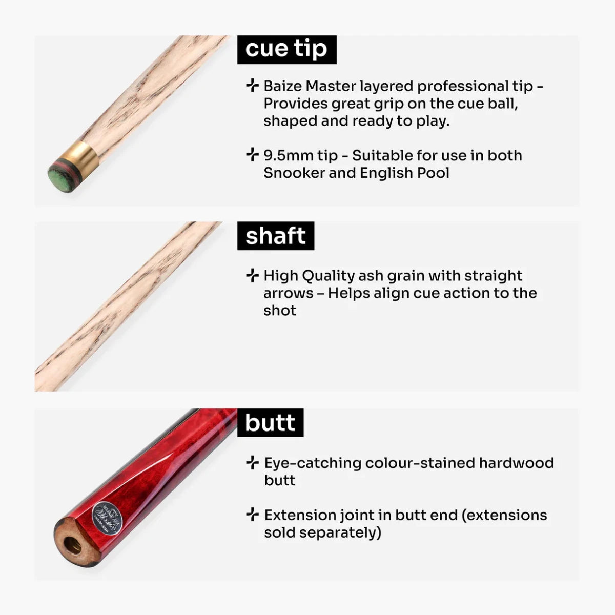 Baize Master Conquest 2 - Junior Kids Snooker Pool Cue - 48inch - 2 Piece