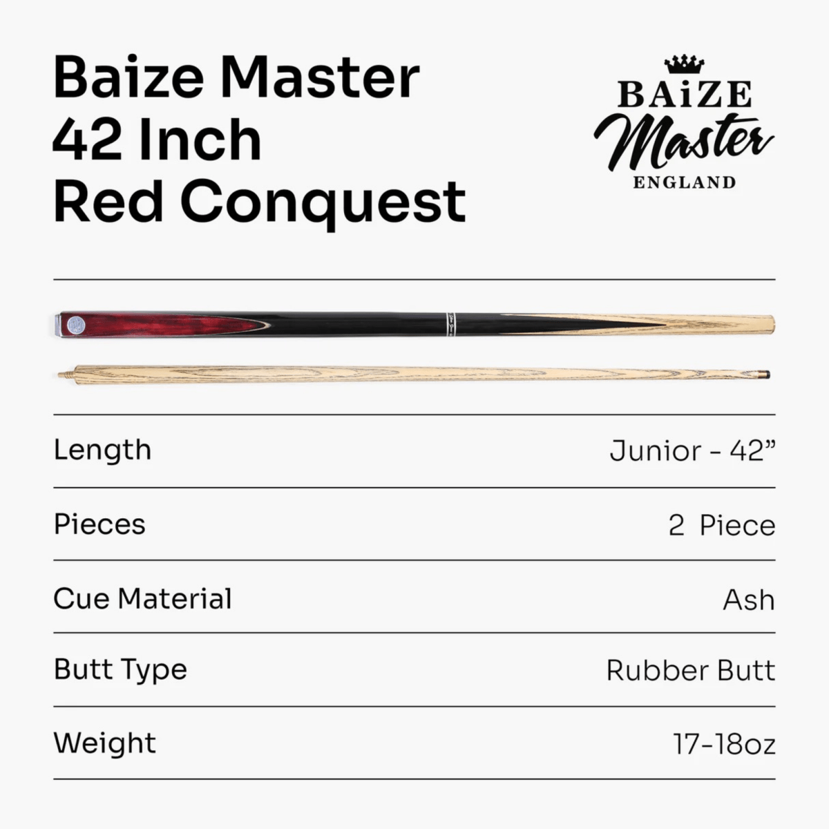 Baize Master Conquest Junior Kids Snooker Pool Cue - 42inch - 2 Piece
