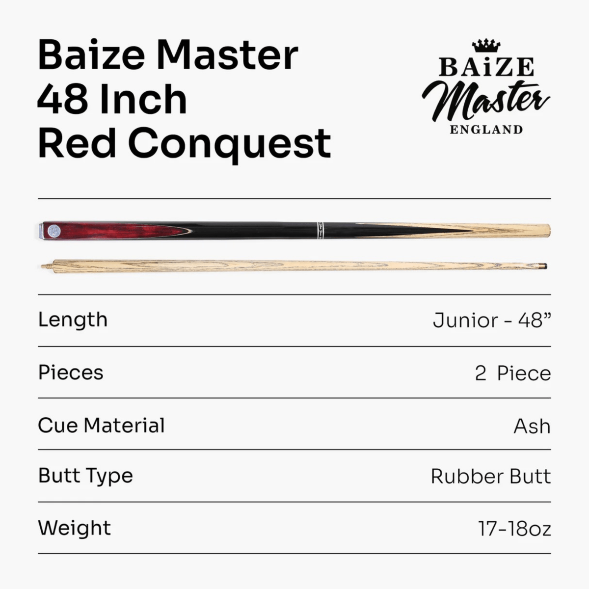 Baize Master Conquest Junior Kids Snooker Pool Cue - 48inch - 2 Piece