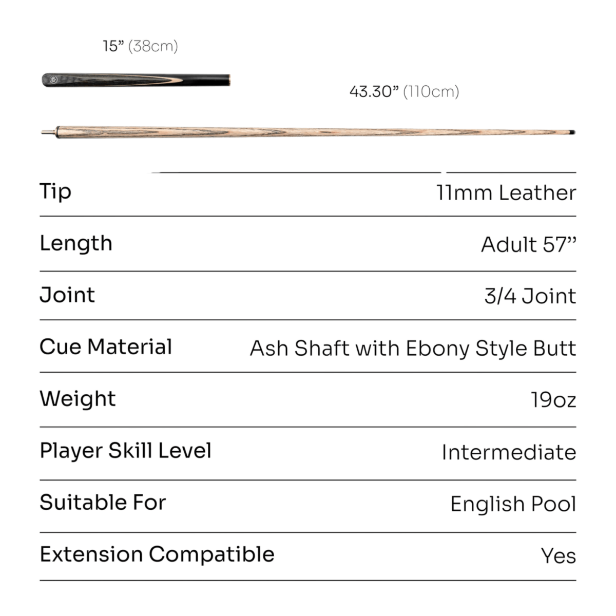 Baize Master Copper Crusher 57 Inch ¾ Joint English Pool Break Cue - 11mm Tip – For Breaking Only