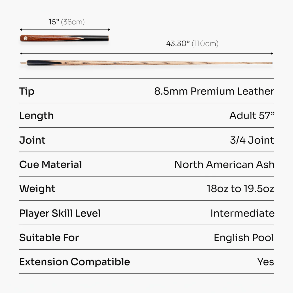 Baize Master Ember Marksman ¾ Joint English Pool Cue with 8.5mm Baize Master Blue Pressed Tip