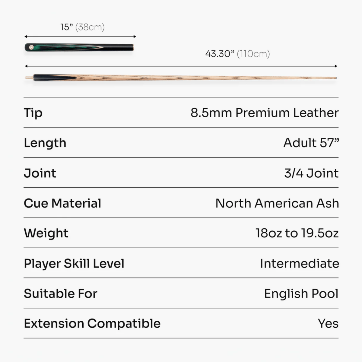 Baize Master Green Marksman ¾ Joint English Pool Cue with 8.5mm Baize Master Blue Pressed Tip