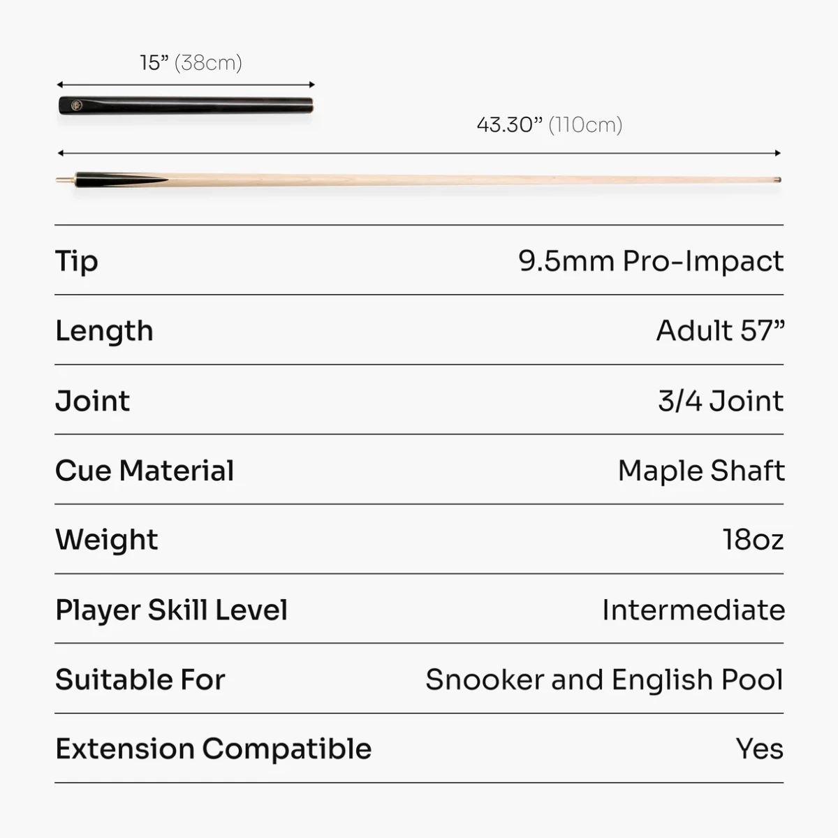 Baize Master Maple Classic ¾ Joint Snooker Pool Cue - Maple Shaft - 9.5mm Pro Impact Tip