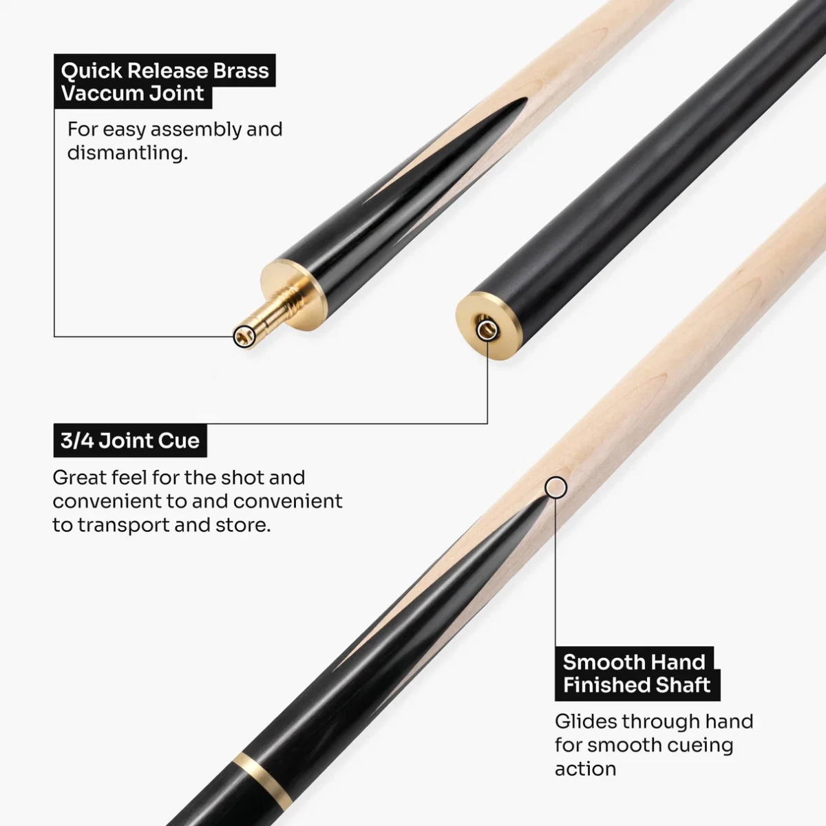 Baize Master Maple Classic ¾ Joint Snooker Pool Cue - Maple Shaft - 9.5mm Pro Impact Tip