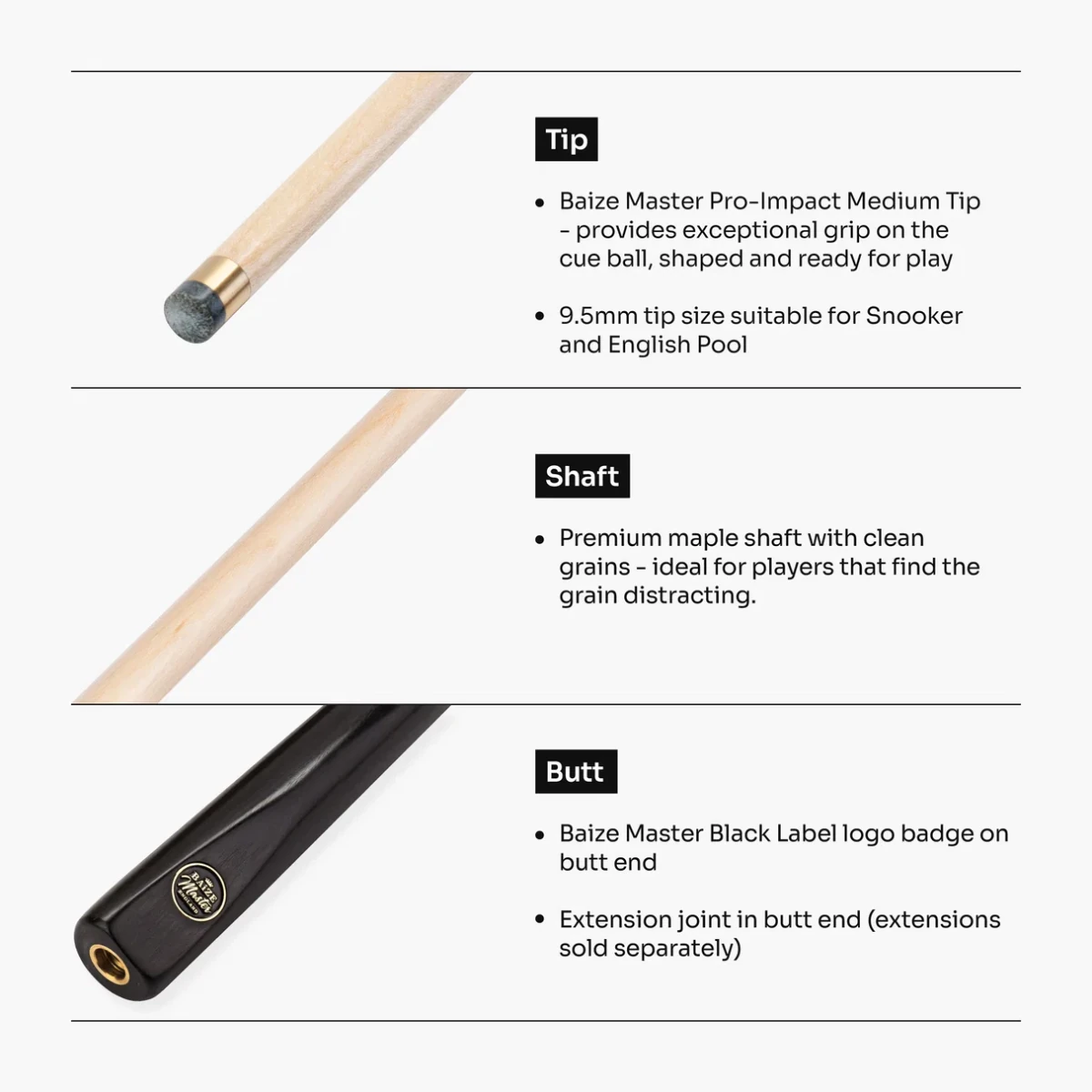 Baize Master Maple Classic ¾ Joint Snooker Pool Cue - Maple Shaft - 9.5mm Pro Impact Tip