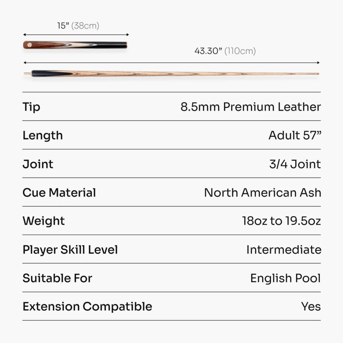 Baize Master Maple Marksman ¾ Joint English Pool Cue with 8.5mm Baize Master Blue Pressed Tip