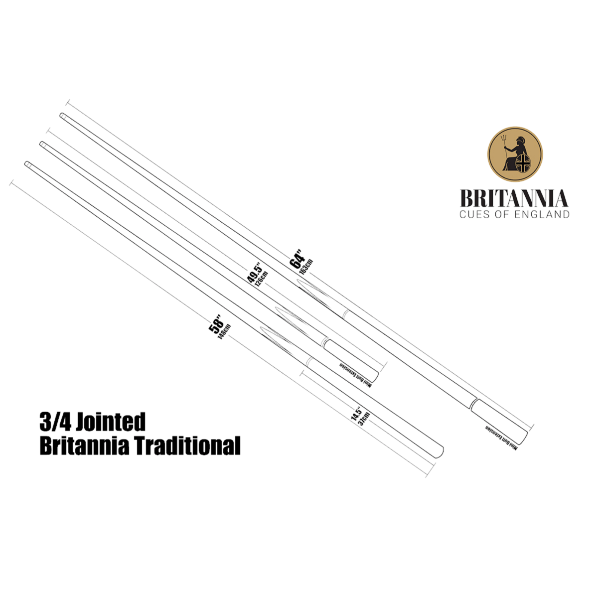 Britannia Champion Blue Streak 3/4 Snooker Cue - 58" - 9 - 9.5mm Tip