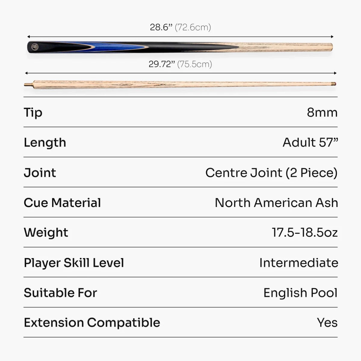 Jonny 8 Ball 2 Piece Sniper 57" Cue with 8mm Tip - 5 Colour Options