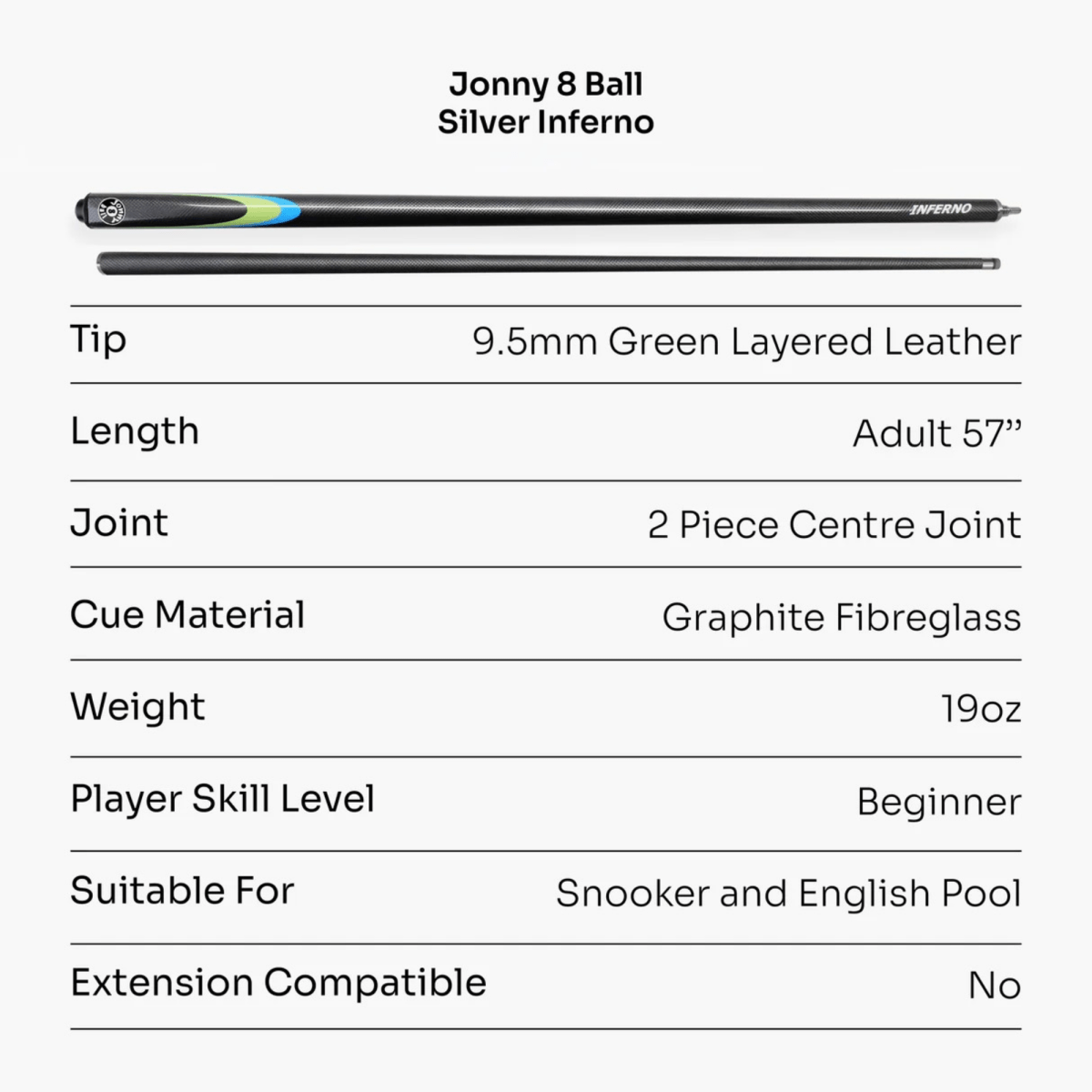 Jonny 8 Ball INFERNO - 57" 2 Piece Graphite Snooker Pool Cue - 9.5mm Tip