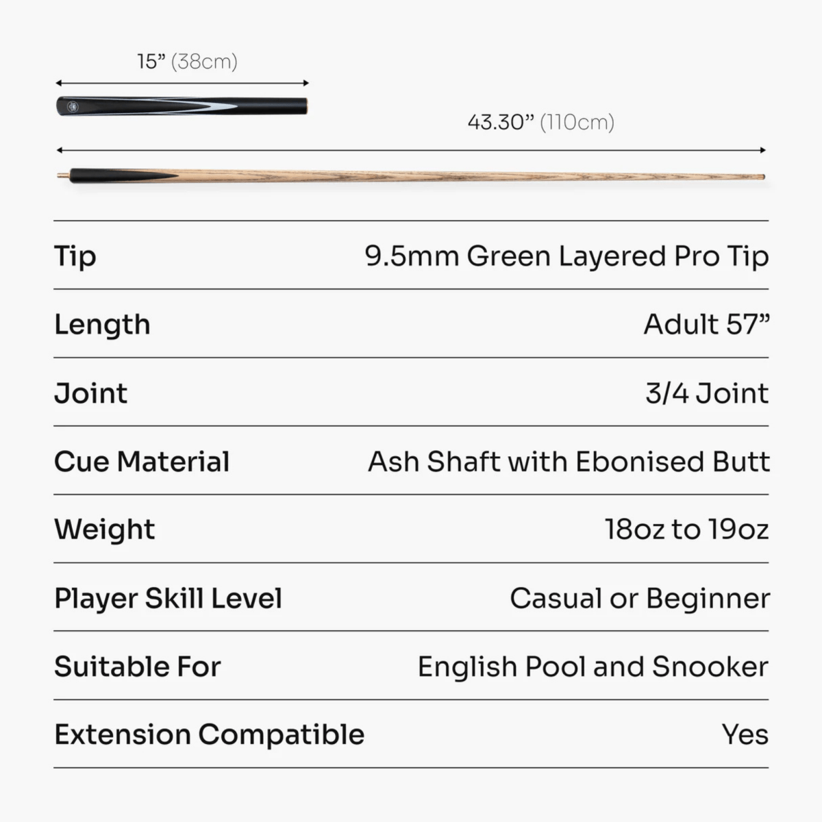 PRO147 Black & White Striker 57 inch 3/4 Snooker Pool Cue - 9.5mm Tip