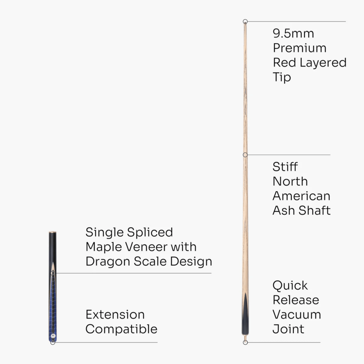 Pro147 Dragon Scale Premium Ash 3/4 Snooker Pool Cue - 57" with 9.5mm Layered Tip