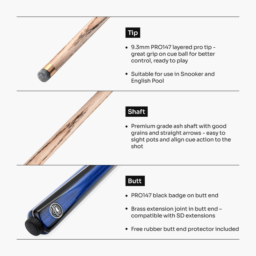 PRO147 Jester 3/4 Jointed Snooker Pool Cue - 57 inch - 9.5mm Pro Tip