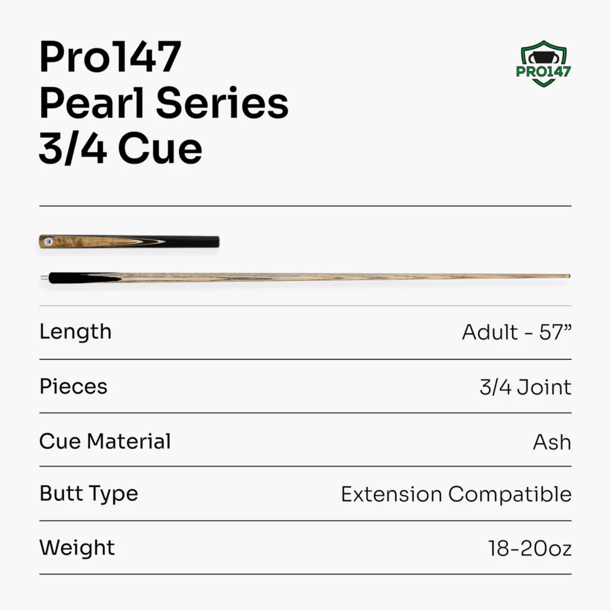 PRO147 Pearl Series Gold Camphor - 57 Inch 3/4 Jointed Snooker Pool Cue - 9.5mm Tip