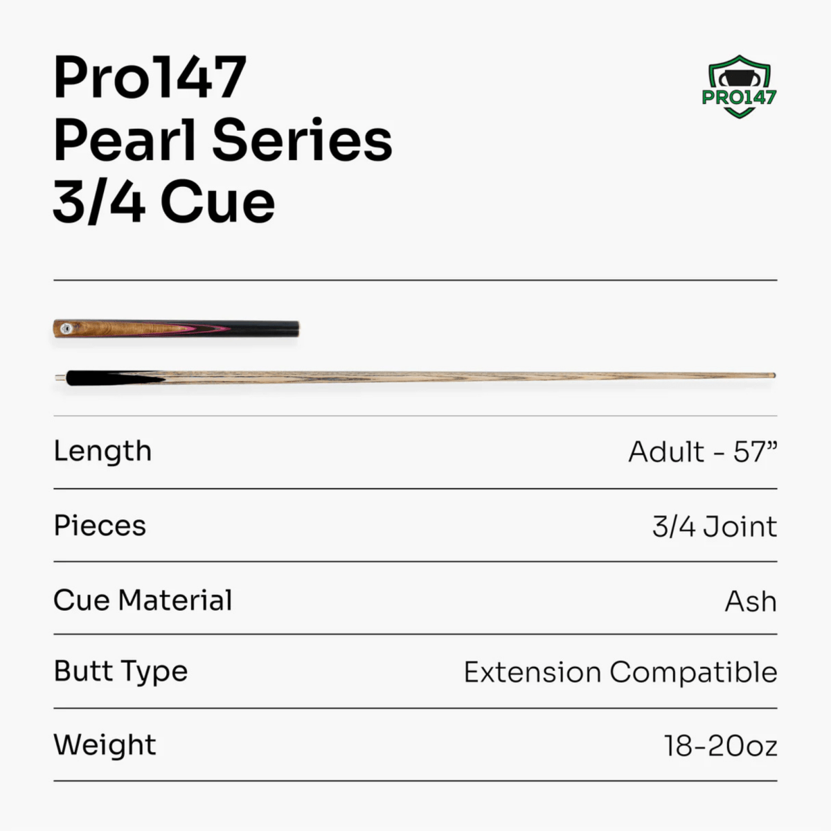 PRO147 Pearl Series Pink Burl - 57 Inch 3/4 Jointed Snooker Pool Cue - 9.5mm Tip