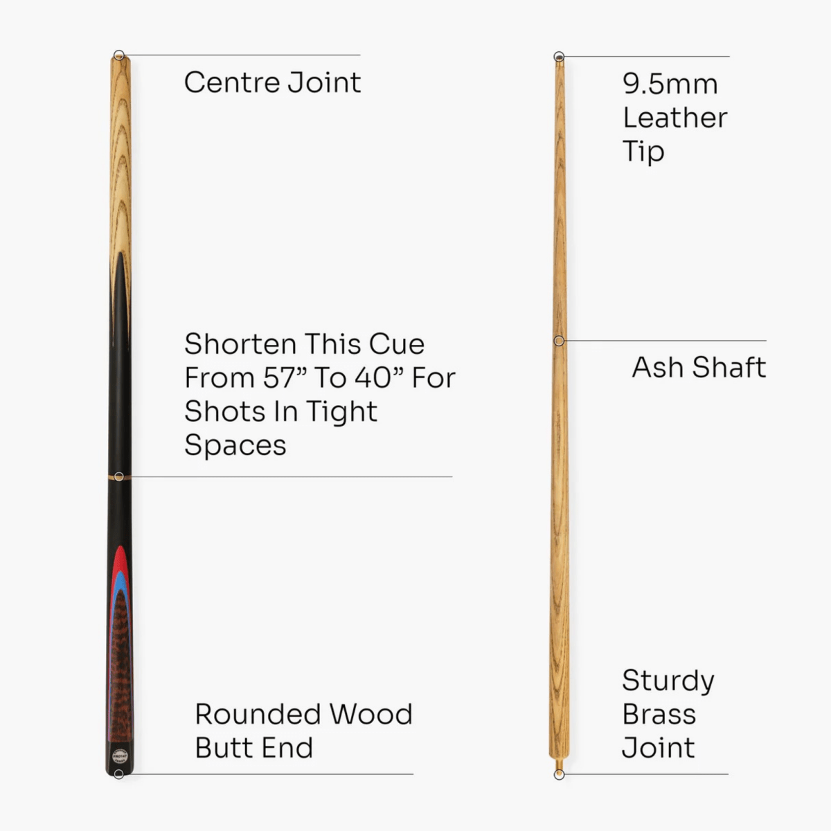 PRO147 Snakewood 57 Inch 3 Piece Length Adjustable Snooker Pool Cue - 9.5mm Tip