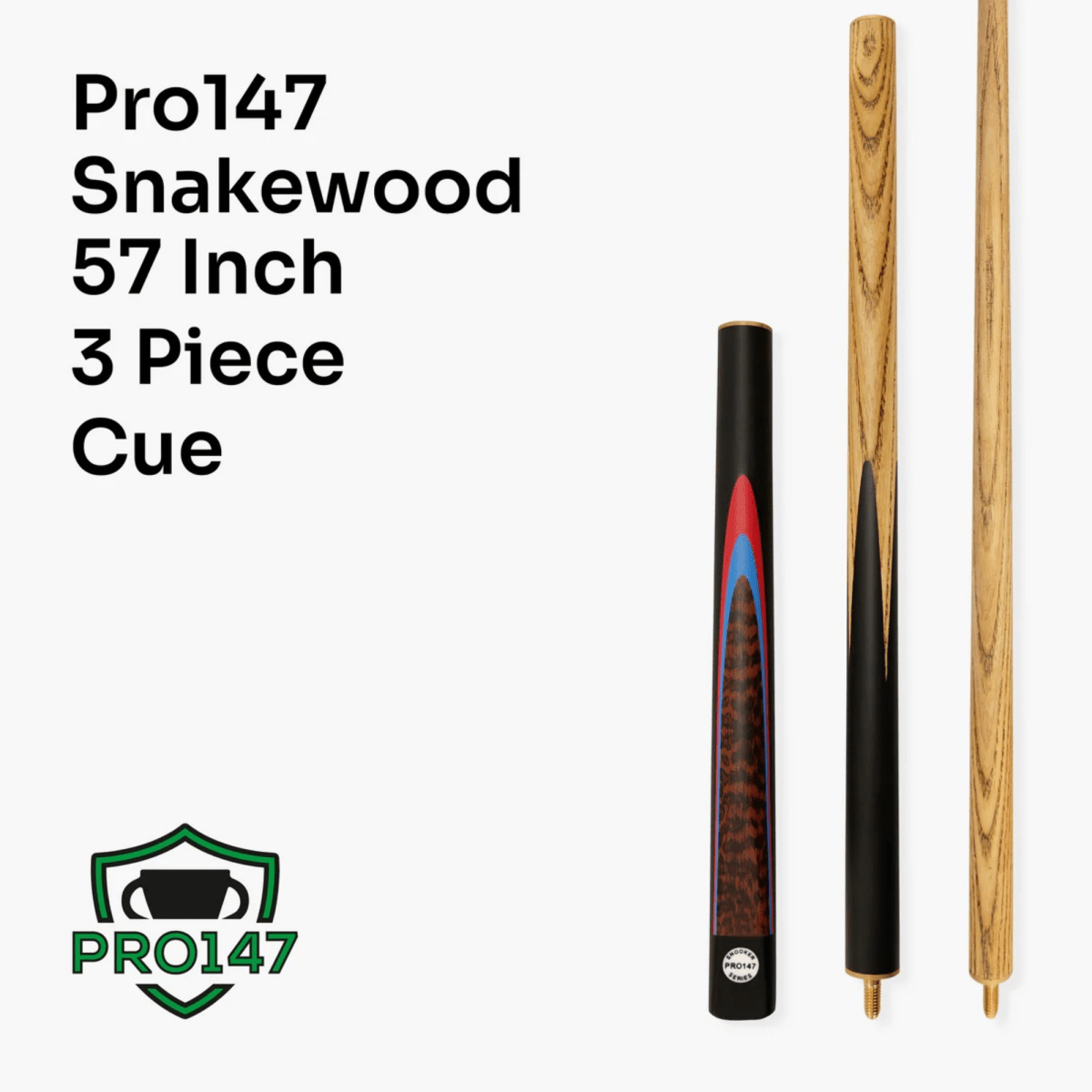 PRO147 Snakewood 57 Inch 3 Piece Length Adjustable Snooker Pool Cue - 9.5mm Tip