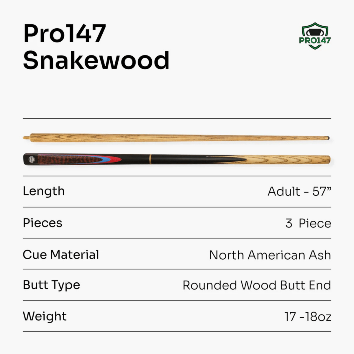 PRO147 Snakewood 57 Inch 3 Piece Length Adjustable Snooker Pool Cue - 9.5mm Tip